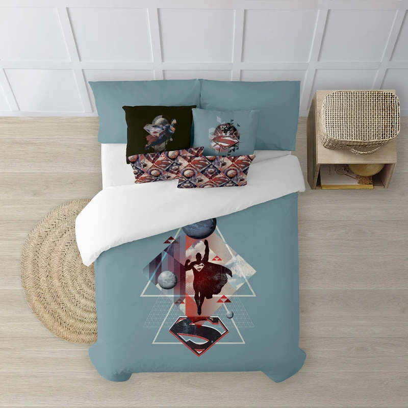 BELUM Superman Duvet Cover, Blue, Queen Size, 100% Cotton, Geometric Pattern with Buttons (180 x 240 cm)