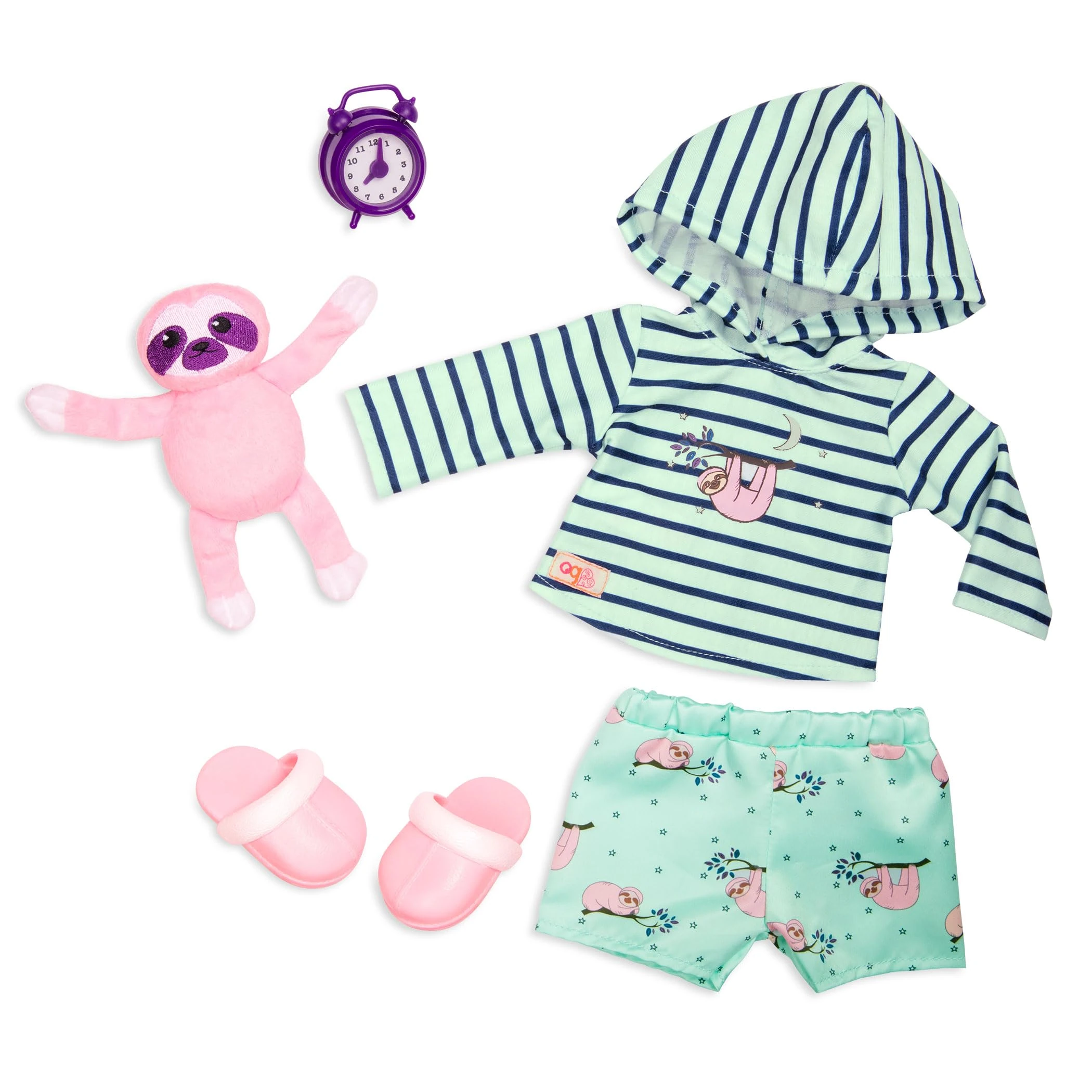 Our Generation Sleepy Sloth Outfit - Pyjama Outfit and Plush for 46 cm Dolls, Sloth Plush Toy, Sleep Accessories, Hooded Pajama Outfit