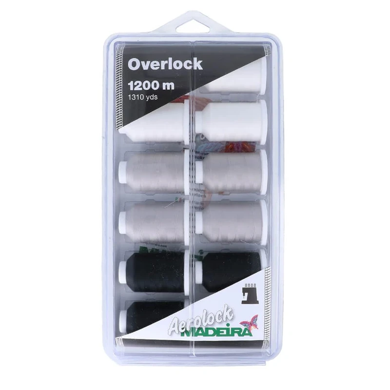 BLISTERBOX A/Lock 125 - Box: Aerolock No.125: 12 x 1,200m: Black, Grey & White Miniking Spools - Madeira