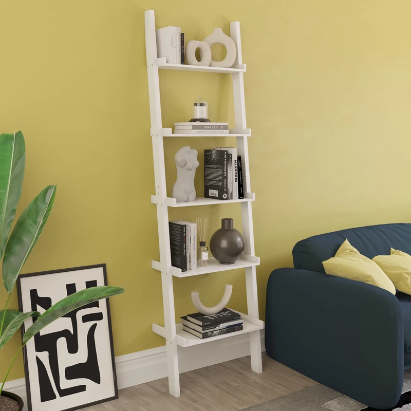 Vida Designs York 5 Tier Ladder Bookcase - Leaning Shelf Display Storage Unit with Open Shelves - Modern Bookshelf for Living Room, Bedroom or Home Office - White - H 189 x W 56 x D 32.5 cm - Image 1