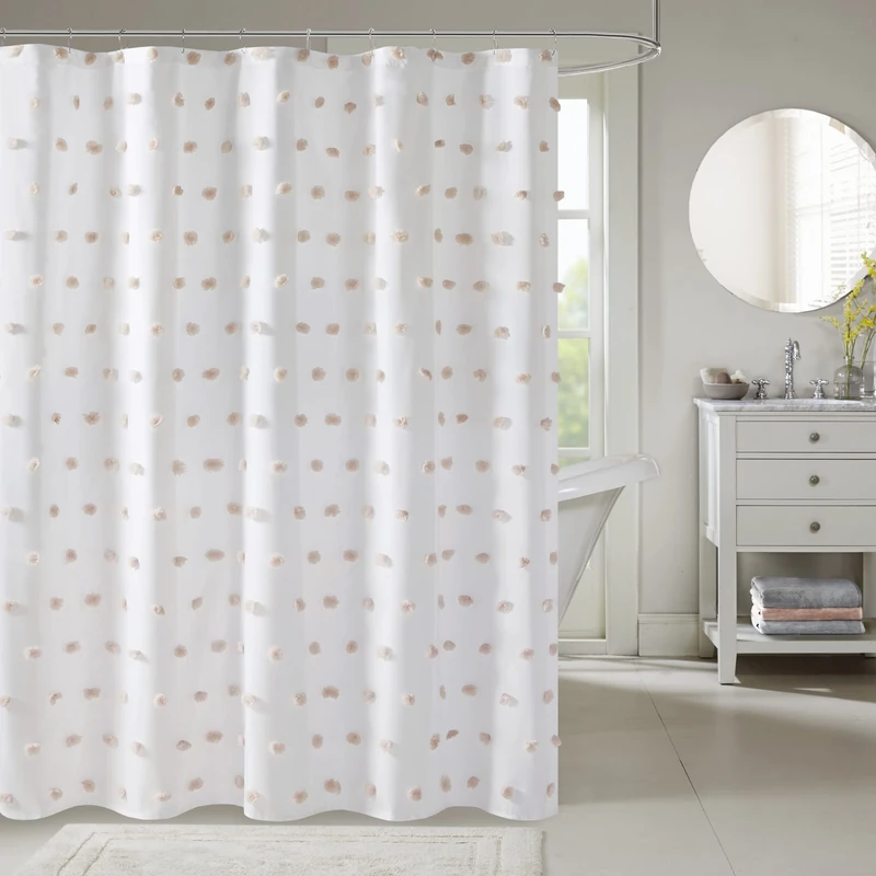Madison Park Sophie Trendy Shower Curtain with Textured Pom-Poms Accent Modern Bathroom Décor, Machine Washable Bath Privacy Screen, 72 in x 72 in, White/Blush - Image 1