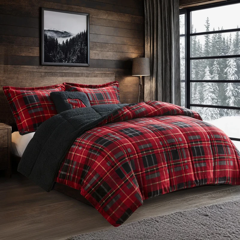 WOOLRICH Reversible Comforter Set Ultra Soft Plush to Sherpa, Down Alternative, Cold Weather Winter Warm Bedding, with Matching Sham, Decorative Pillow Red Plaid King 4 Piece