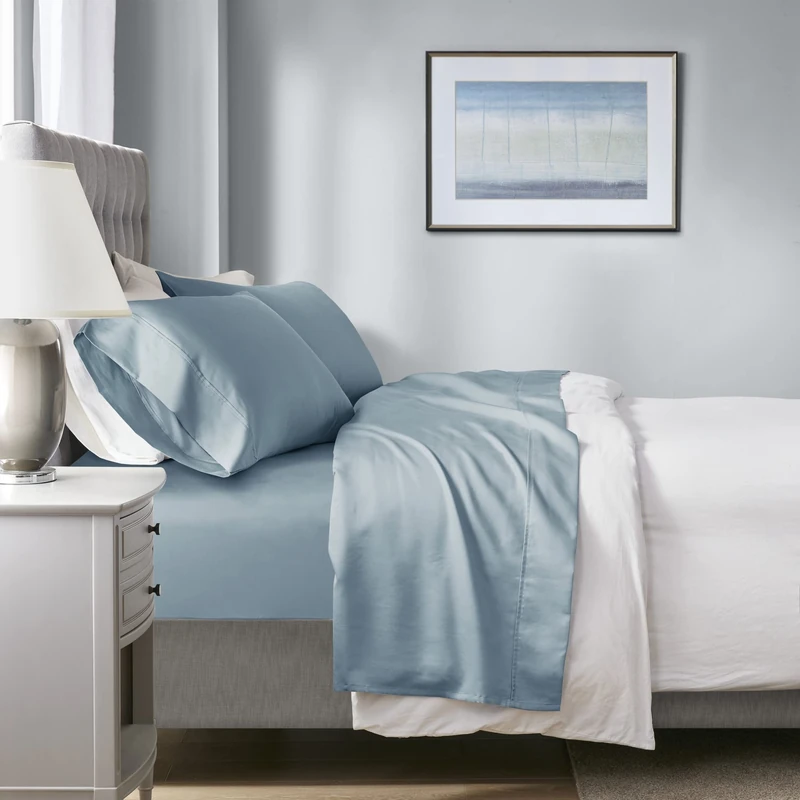Beautyrest 1000 Thread Count, Solid Color Bed Sheet Set, Elastic Deep Pocket, All Season, Breathable, HeiQ Smart Temperature, Soft Cotton Blend Bedding, Matching Pillowcase, King Size Blue 4 Piece