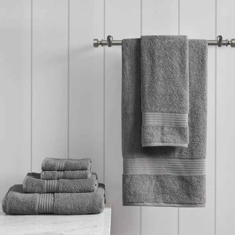 Madison Park Organic 100% Cotton Bathroom Towel Set, Hotel & Spa Quality Highly Absorbent, Quick Dry, Include for Shower, Handwash & Face Washcloth, Multi-Sizes, Charcoal, 6 Piece