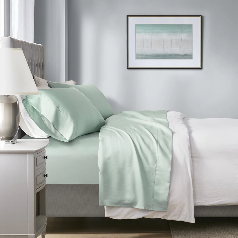 Beautyrest 1000 Thread Count, Solid Color Sheet Set, Elastic Deep Pocket, All Season, Breathable, HeiQ Smart Temperature, Soft Cotton Blend Bedding, Matching Pillowcase, King Seafoam 4 Piece