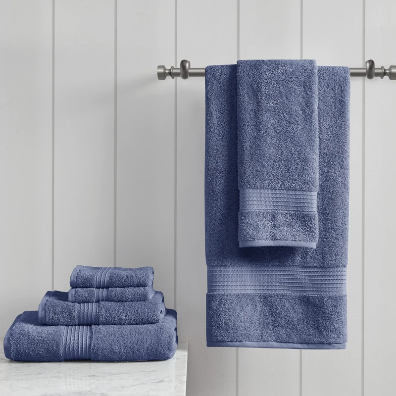 Madison Park Organic 100% Cotton Bathroom Towel Set, Hotel & Spa Quality Highly Absorbent, Quick Dry, Include for Shower, Handwash & Face Washcloth, Multi-Sizes, Navy, 6 Piece
