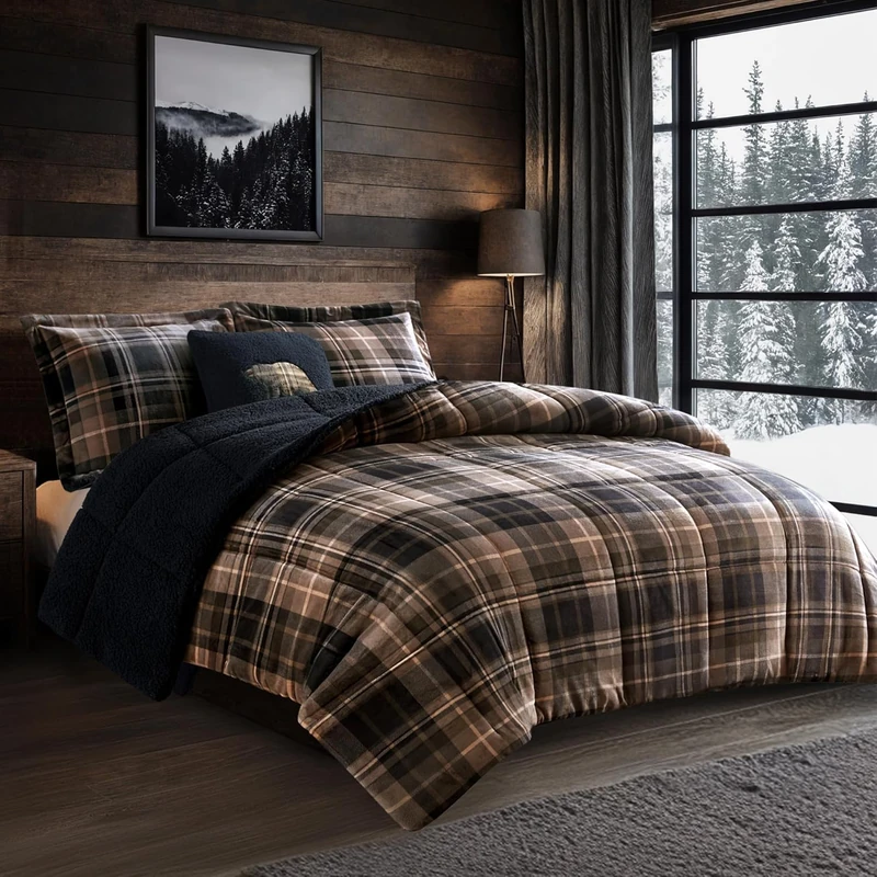 WOOLRICH Down Alternative Cold Weather Winter Warm Duvet Set Bedding, Polyester, Brown/Black, Full/Queen
