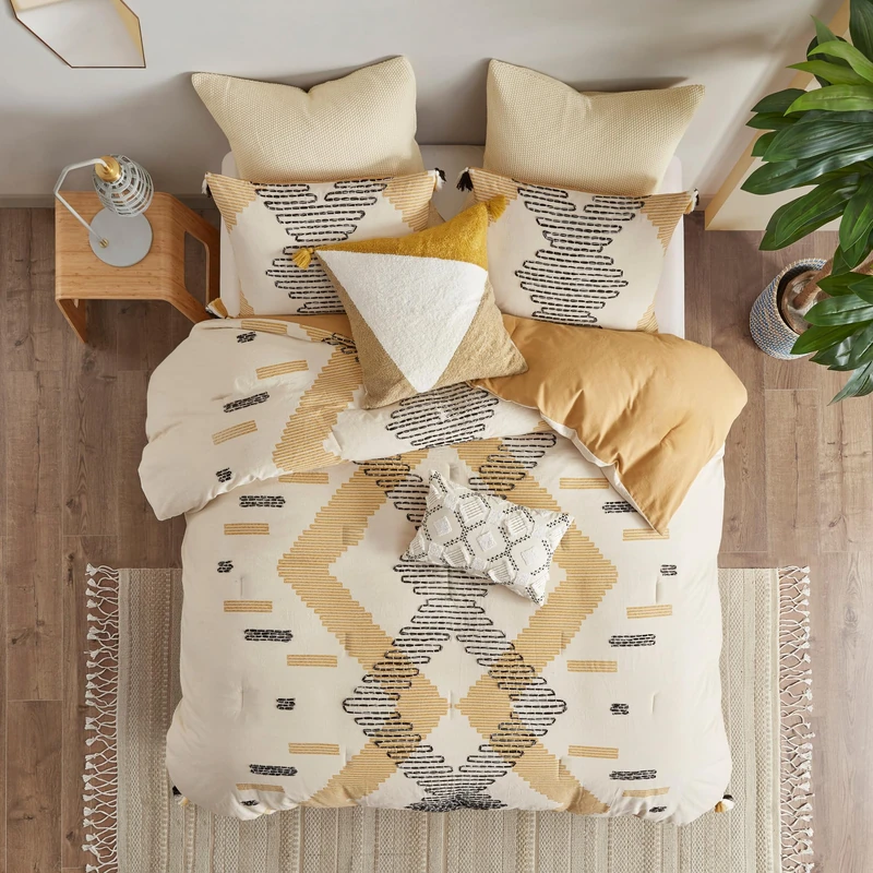 INK+IVY Queen Comforter Set, Southwestern Geometric with Decorative Embroidery, Boho Chic Comforters Queen, Pre-Washed Cotton Comforter Queen Bedding, 2 Shams, Arizona, Full/Queen Yellow 3 Piece - Image 1