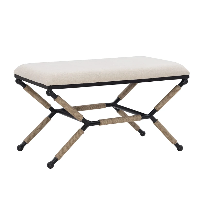Linon Farrow Linen Upholstered Metal Campaign Stool, Black/Natural - Image 1