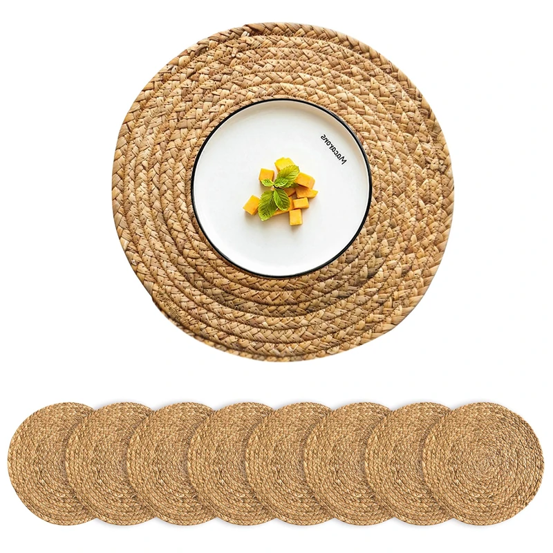 CY SISTERS Round Placemats Set of 8 Natural Extra Wide Woven placemats Braided Heat Resistant Placemats Farmhouse Boho Fringe Placemats Wipeable Circle Wicker Outdoor Placemats for Patio Table 13.4''