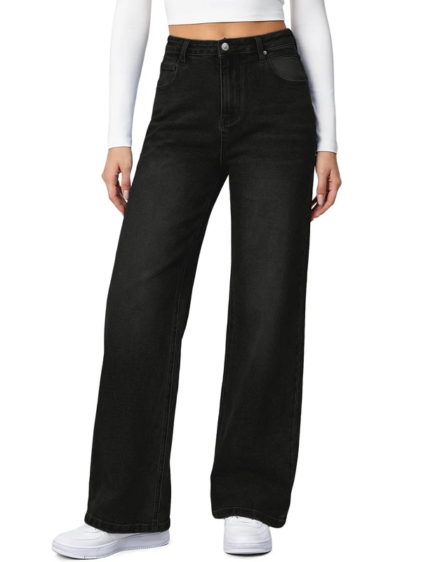HDLTE Women Loose Boyfriends Jeans High Waist Baggy Denim Pants Wide Leg Straight Trousers Vintage Streetwear, 1008-black, S