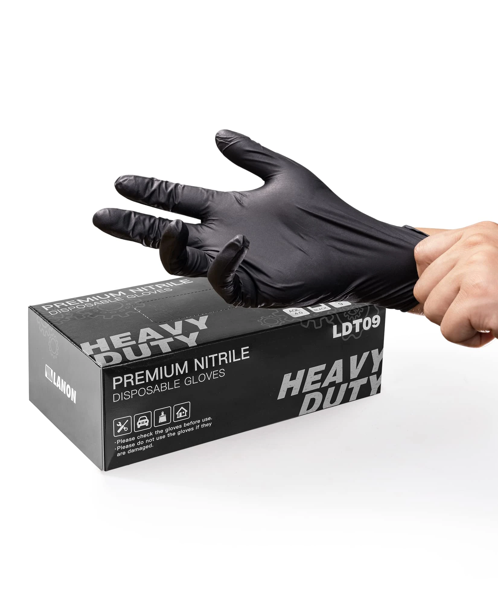 LANON 6 mil Black Nitrile Disposable Gloves, 3x Thicker Heavy-Duty Gloves, Food Grade, Powder-Free, Latex-Free, Textured Fingertips, EN 374, Large(Pack of 100)