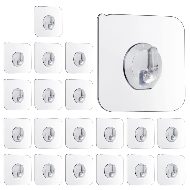 HXC 20 PCS Self Adhesive Hooks Transparent Stick on Hooks Bathroom Wall Hook Heavy Duty Invisible Sticky Back Plastic Hook for Towels Clothes Keys Christmas Garland