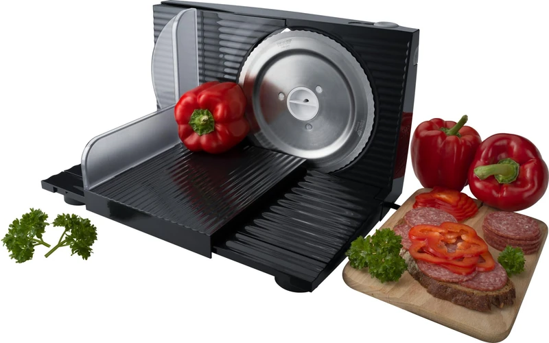 Steba AS100 Slicer, Space-Saving, Made in The EU, Stainless Steel Knife, Cutting Thickness up to 17 mm, Double Safety Switch, Includes Hand Guard