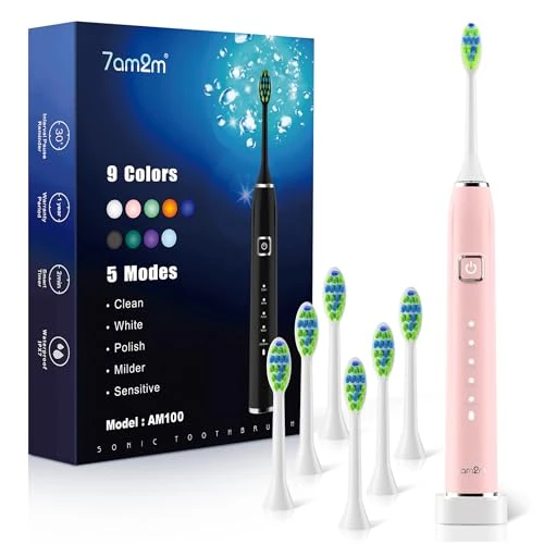 7AM2M Sonic Electric Toothbrush for Adults and Kids, with 6 Brush Heads, 5 Modes with 2 Minutes Build in Smart Timer, Roman Column Handle Design (Rose Pink)