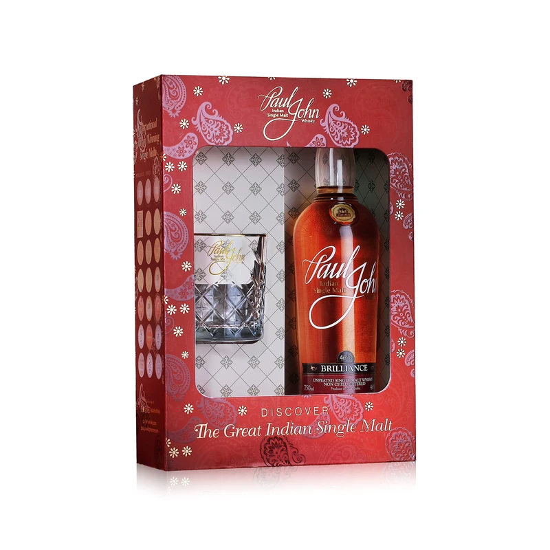Paul John Brilliance Indian Single Malt Whisky 70 cl, ABV 46%, Gift pack with Free Glass