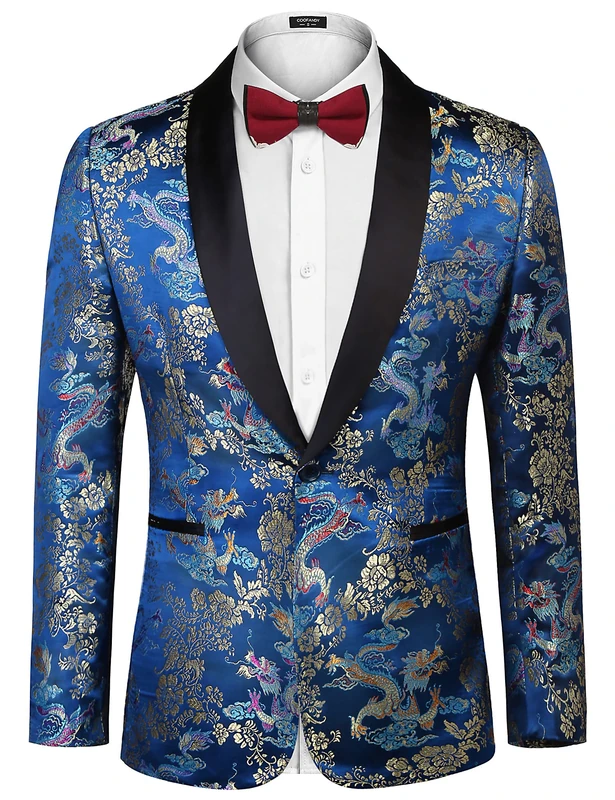 COOFANDY Men's Floral Dress Suit Luxury Embroidered Wedding Blazer Dinner Tuxedo Jacket for Party, Dark Blue, M