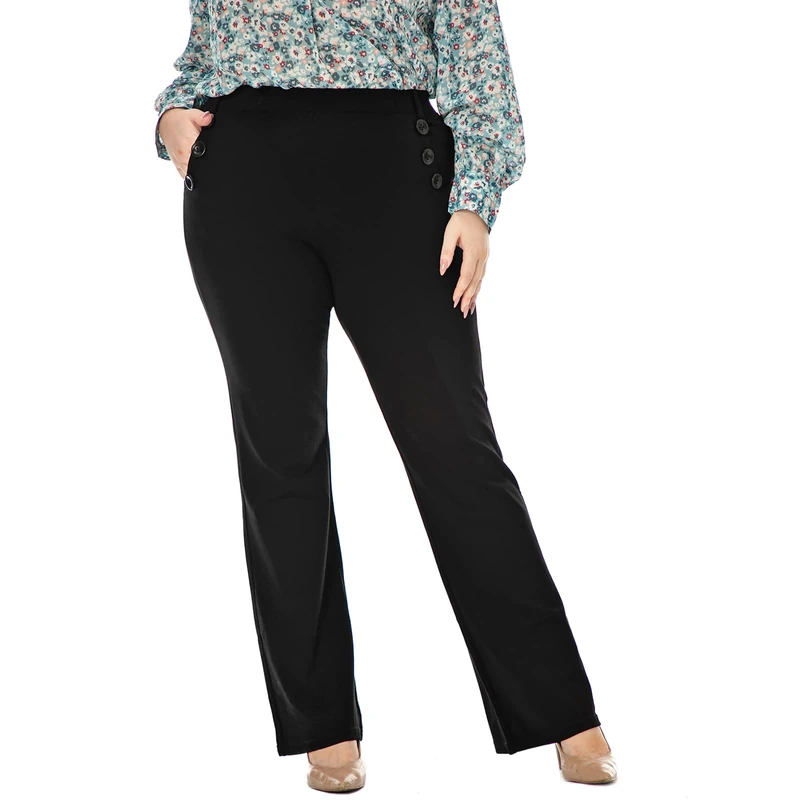 Wrinkle-Free Stretch Dress Pants Plus Size for Women Pull-on Pant Ease into Comfort Office Pant, Six Button Black, XXXL