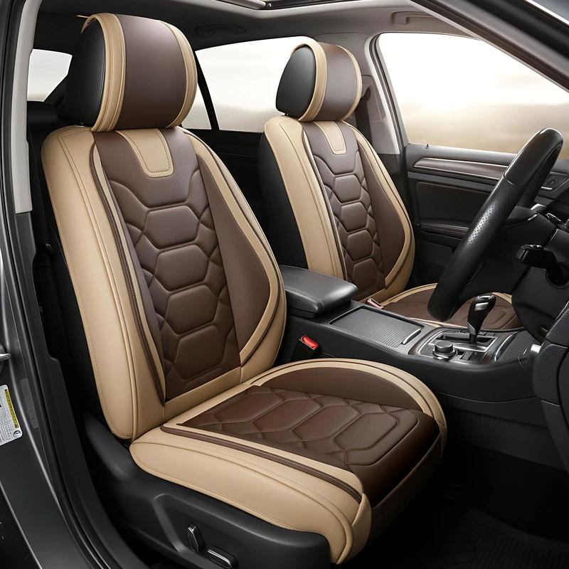 OASIS AUTO Car Seat Covers Premium Waterproof Faux Leather Cushion Universal Accessories Fit SUV Truck Sedan Automotive Vehicle Auto Interior Protector Full Set (OS-004 Coffee)