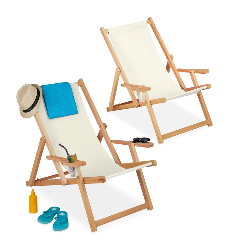 Relaxdays Wooden Deck Chair, Folding Beach Chair, Set of 2, 3 Positions, 100 kg, Armrests & Drink Holder, Beige