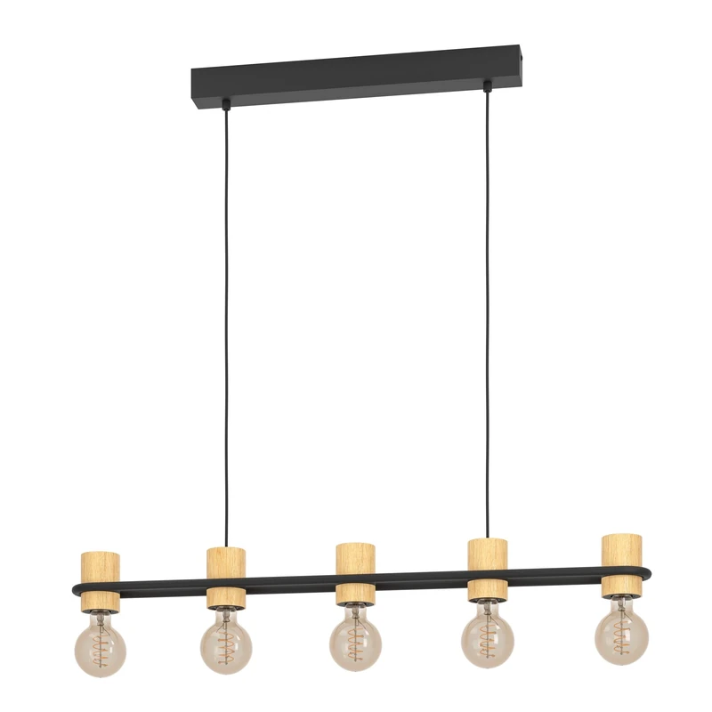 Eglo Chieveley Pendant lamp, 5-Light Hanging Ceiling lamp Above Dining Table, Black Metal and Natural Wood, E27 Socket, 88.5 cm Long