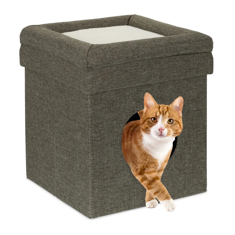 Relaxdays Indoor Cat Cave, Retreat for Cats and Small Dogs, Animal Hideout 2 Levels, H x W x D: 44 x 38 x 38 cm, Grey