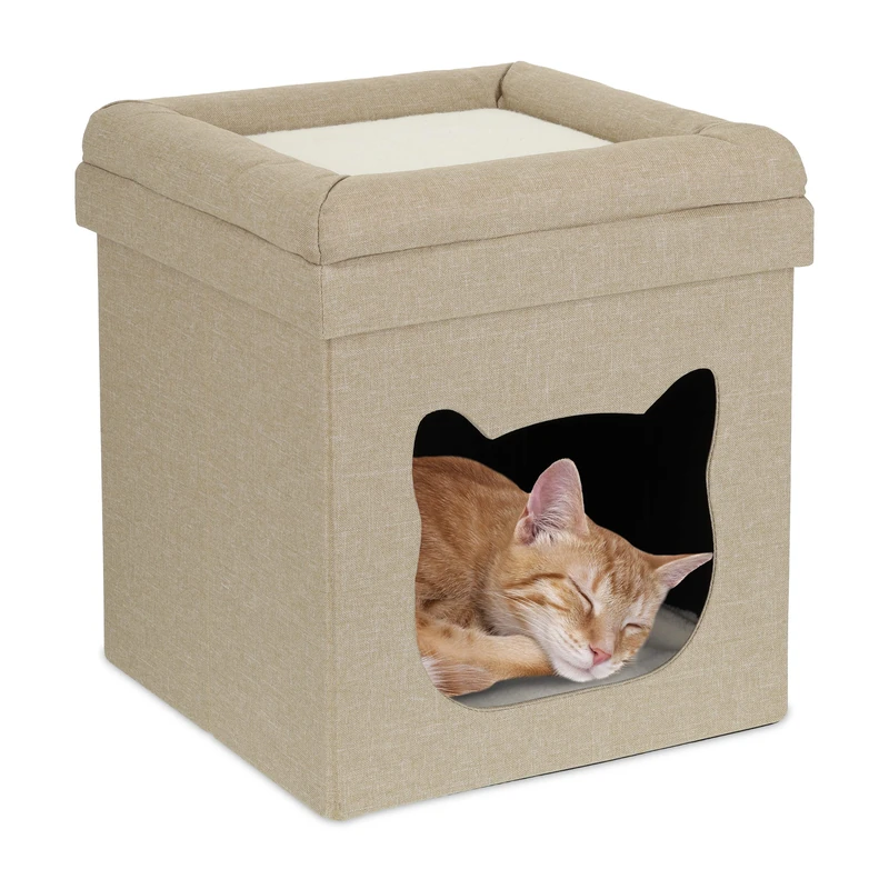 Relaxdays Indoor Cat Cave, Sleeping Den for Kittens, Kitty Box 2 Tiers, Foldable, HxWxD: 44 x 40 x 40 cm, Brown/White