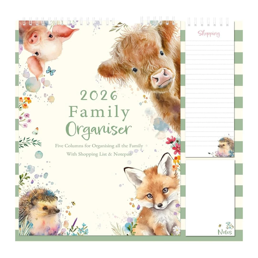 1ABOVE 2026 Family Organiser Calendar Wall Planner With Memo Pad & Shopping List, Monthly Five Columns - ANIMAL
