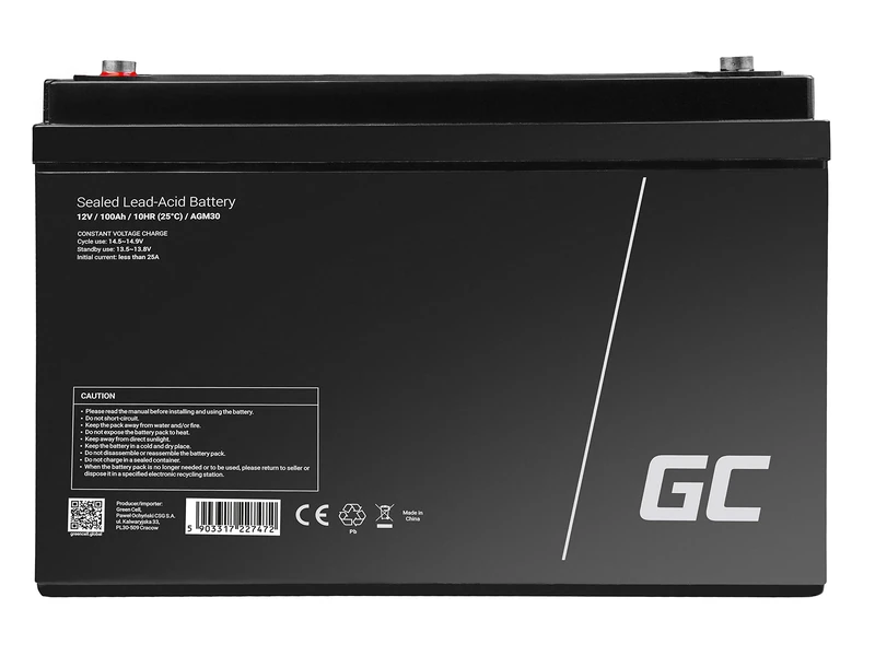 Green Cell® AGM 12V 100Ah VRLA Lead Battery Lead Battery Replacement Battery Gel Battery Cycle Resistant Unbemann Caravan Photovoltaic Wheelchair Solar Storage Solar Battery Solar Panel
