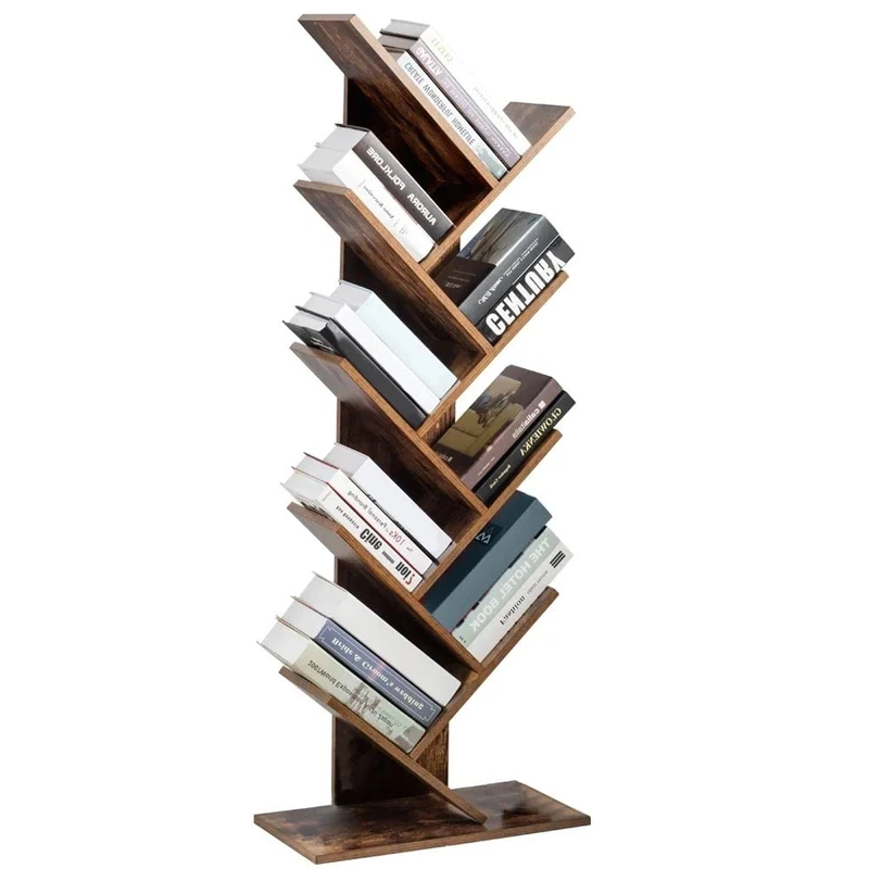 BAKAJI Bookcase Shelf 10 Shelves Tilted MDF Wood Antique Effect Modern Industrial Design for Living Room Living Room Home Office Size 141 x 25 x 50 cm