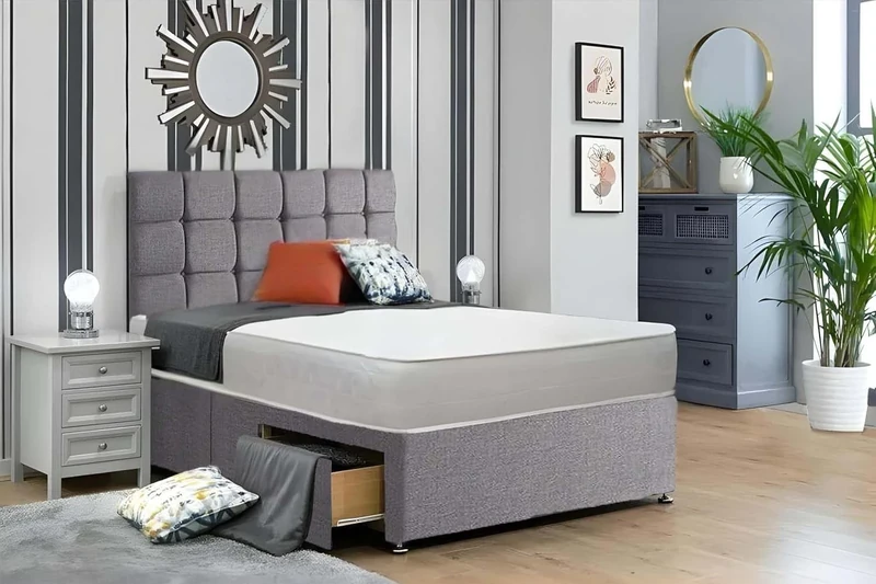 Divan Beds Deals Double Divan Bed | Grey Linen Fabric 20 Inch Cube Headboard | 2 Drawers Storage Bed with 10 Inch Spring Memory foam Mattress
