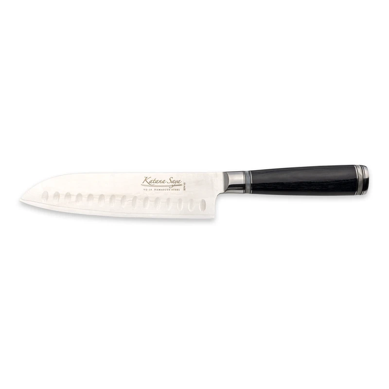 Katana Saya Pakkawood 18cm Santoku Knife, Japanese 67-Layer VG-10 Damascus Stainless Steel, Black Pakkawood Handle, Kitchen Knife