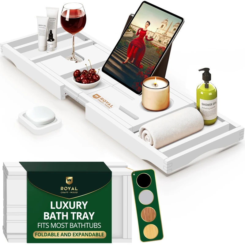 ROYAL CRAFT WOOD Luxury Bathtub Caddy Tray, 1 or 2 Person Bath and Bed Tray, Bath Tub Table Caddy with Extending Sides, Adjustable Organizer Tray for Bathroom - Free Soap Dish (White)