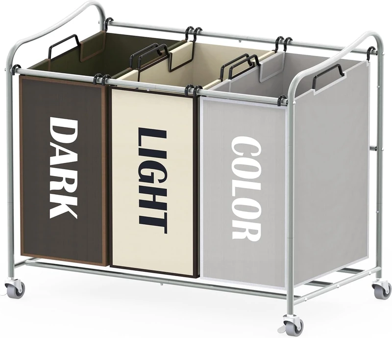 Simple Houseware Heavy Duty 3-Bag Laundry Sorter Rolling Cart, Silver/Assorted Bags