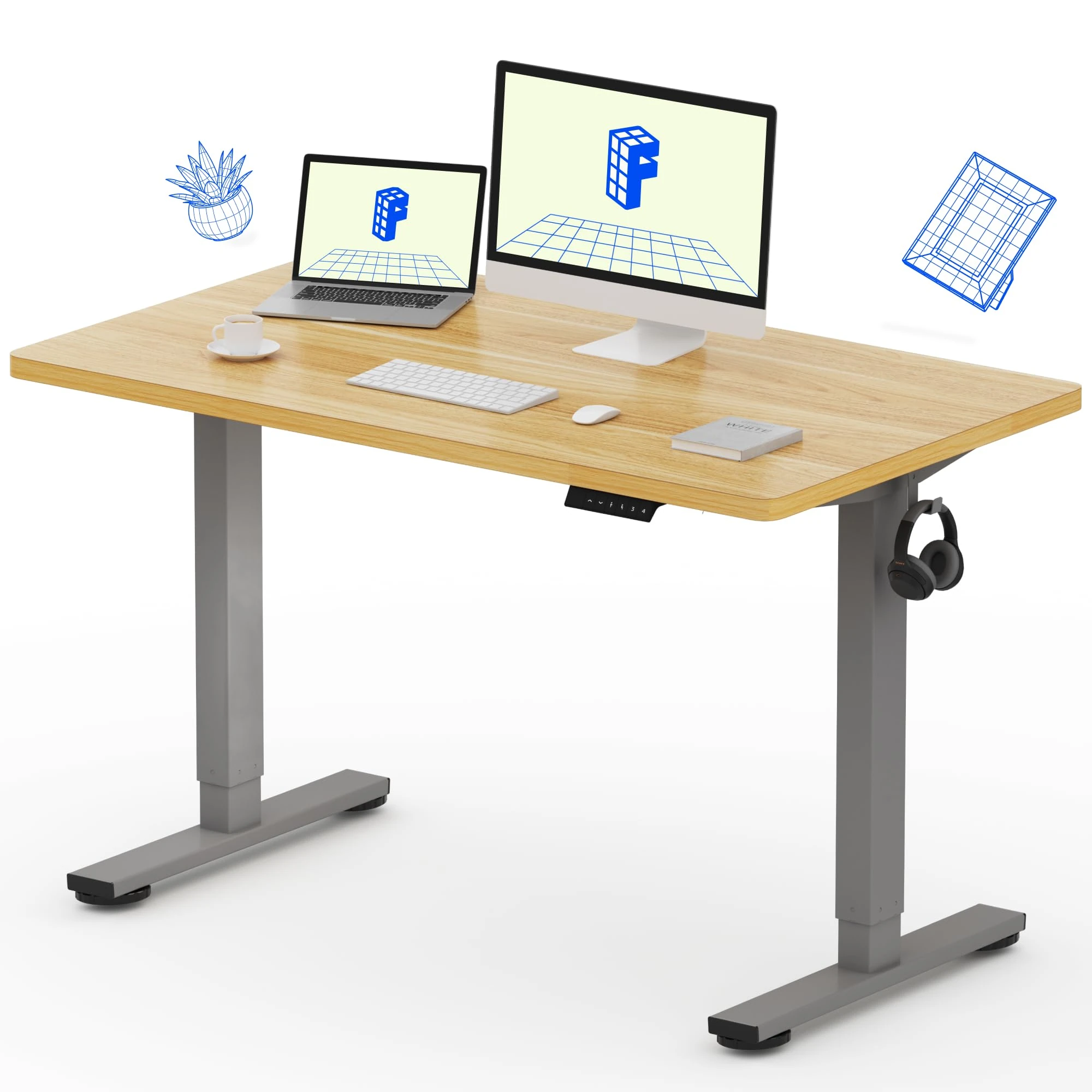 FLEXISPOT E1 Plus ONE PIECE Electric Standing Desk Height Adjustable Sit Stand Desk with Memory Smart Panel Backpack Hook, Home Office(120 * 60cm, Gray Frame+Maple Desktop)