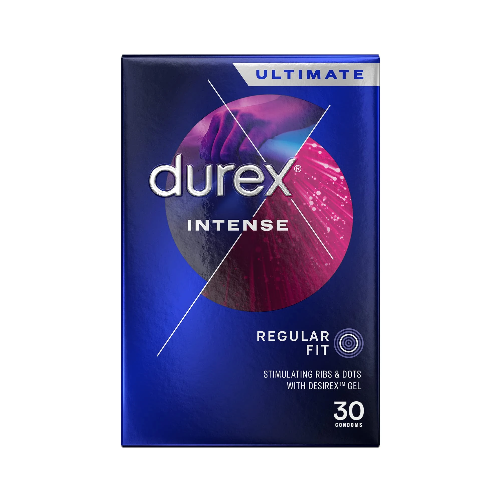 Durex Intense Condoms, Regular Fit, 30s, Easy On Shape, Dotted and Ribbed