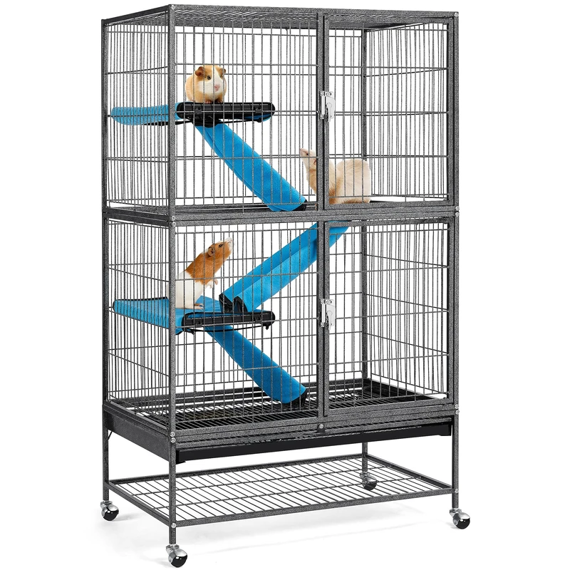 Yaheetech 2-Story Small Animal Cage with Rolling Stand, Removable Platform & Ramp - 137cm Metal Habitat for Ferrets, Chinchillas, Rabbits, Hedgehogs, Black