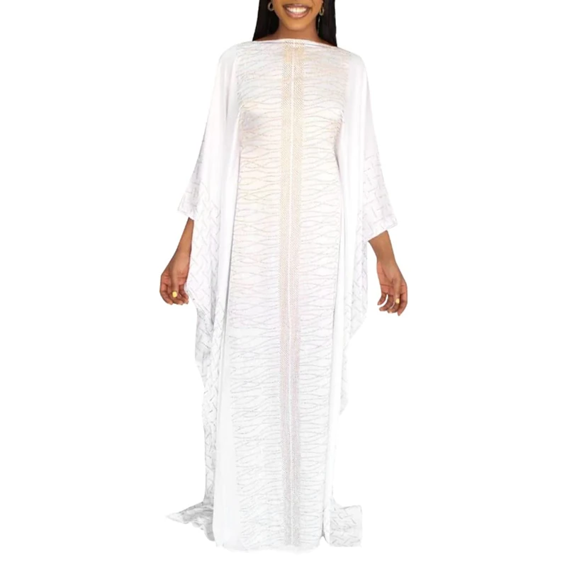 HD African Dresses for Women Fashion Beading Rhinestone Kaftan Maxi Dress, White, One Size