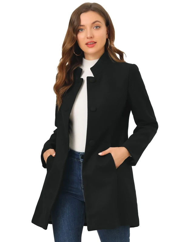 Allegra K Women's Winter Overcoat Mid-Long Stand Collar Single Breasted Coat Outerwear, Black, M
