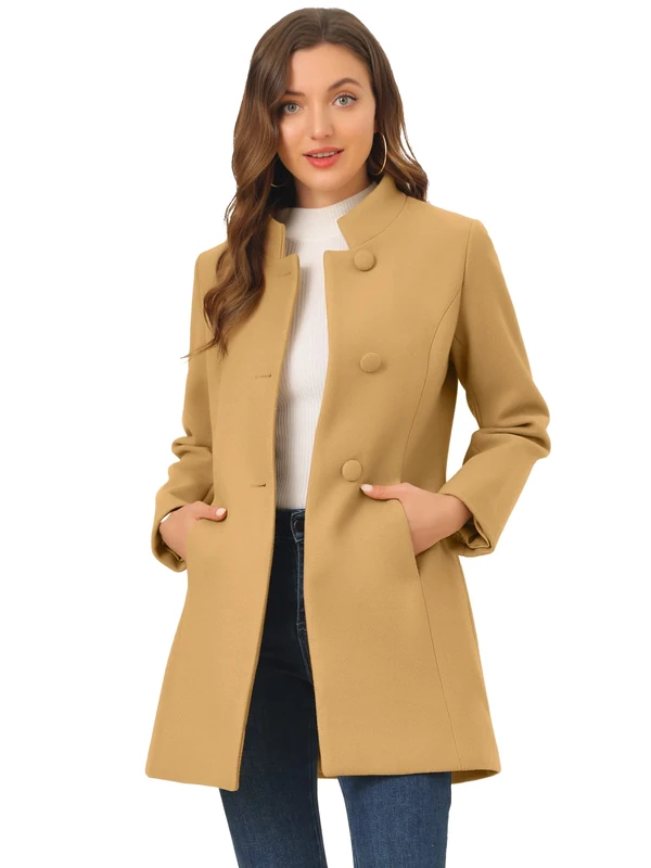 Allegra K Women's Winter Overcoat Mid-Long Stand Collar Woolen Single Breasted Coat Outerwear, Khaki, L