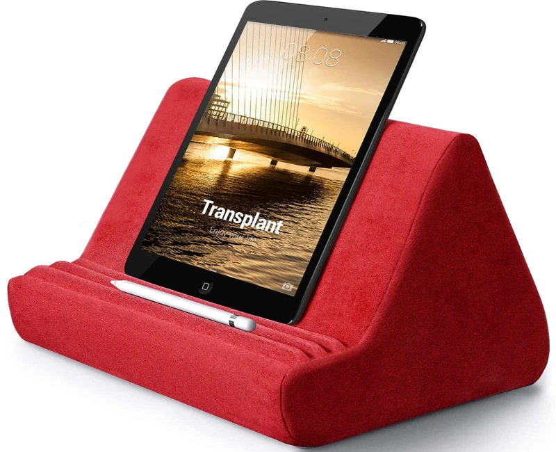 Soft Tablet Stand Pillow with Pocket,Tablet Cushion Stand,Adjustable 3 Viewing Angle,Lazy Holder Stand for Bed Sofa,Compatible with iPads Tablets eReaders Smartphones Books Magazines（Wine red）