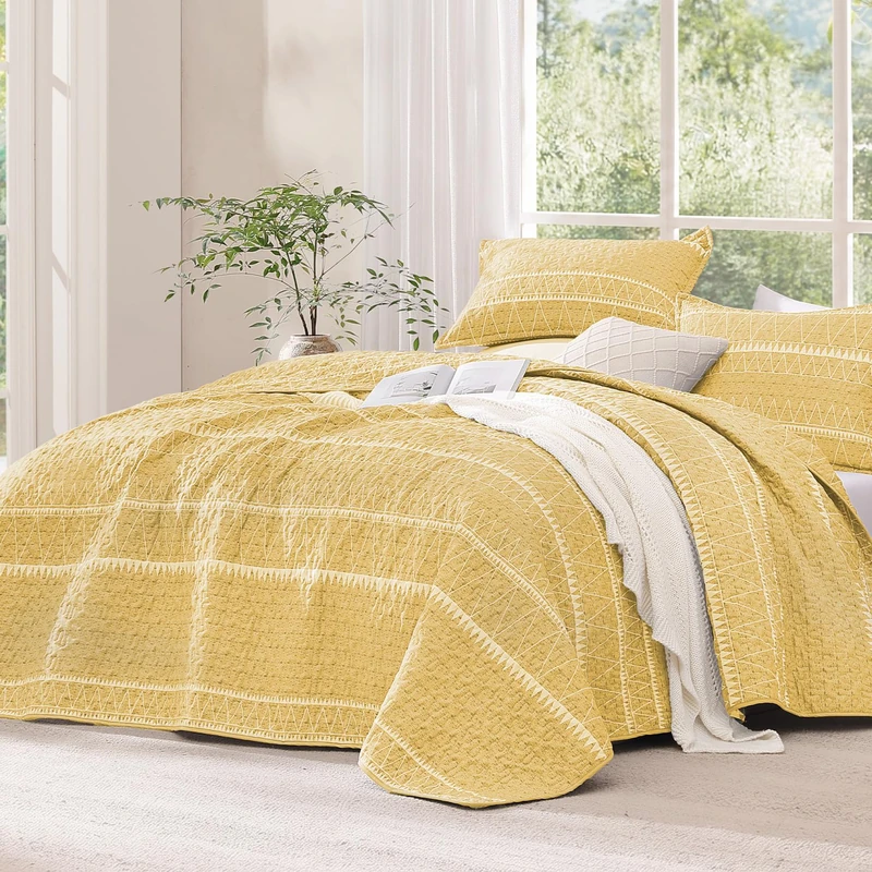 Andency Yellow Quilt Set King (106x96 Inch), 3 Pieces(1 Striped Triangle Printed Quilt and 2 Pillowcases), Bohemian Summer Lightweight Reversible Microfiber Bedspread Coverlet Sets - Image 1