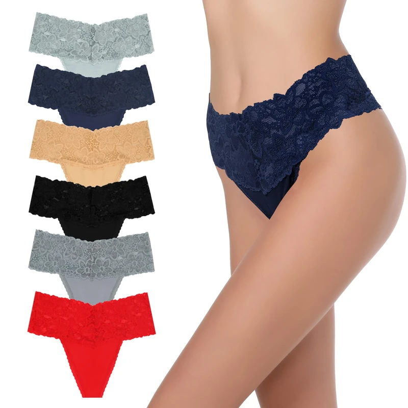 GAREDOB High Waist String Underwear Plus Size Women Lace Tummy Control Strings Knickers Size S-4XL Pack of 6, 4XL