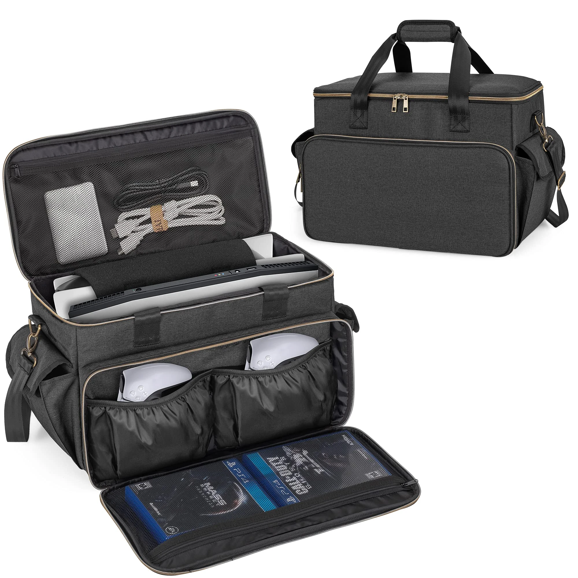 Trunab Gaming Console Carrying Bag Compatible with PS5 Pro/PS5/PS4/Xbox One, Travel Carry Case with Large Rooms for Controllers, Cables, Portable Hard Disks and Other Accessories, Patented Design