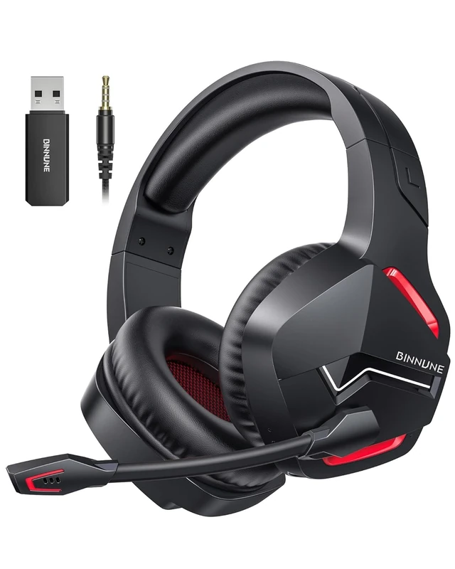 BINNUNE Wireless Gaming Headset with Microphone for PS5, PS4, PC, NS, Mac, 7.1 Crystal-Stereo Bluetooth Headphones, PS5 Headset Wireless 2.4GHz with Lossless Audio, 120 Hr Battery - Red
