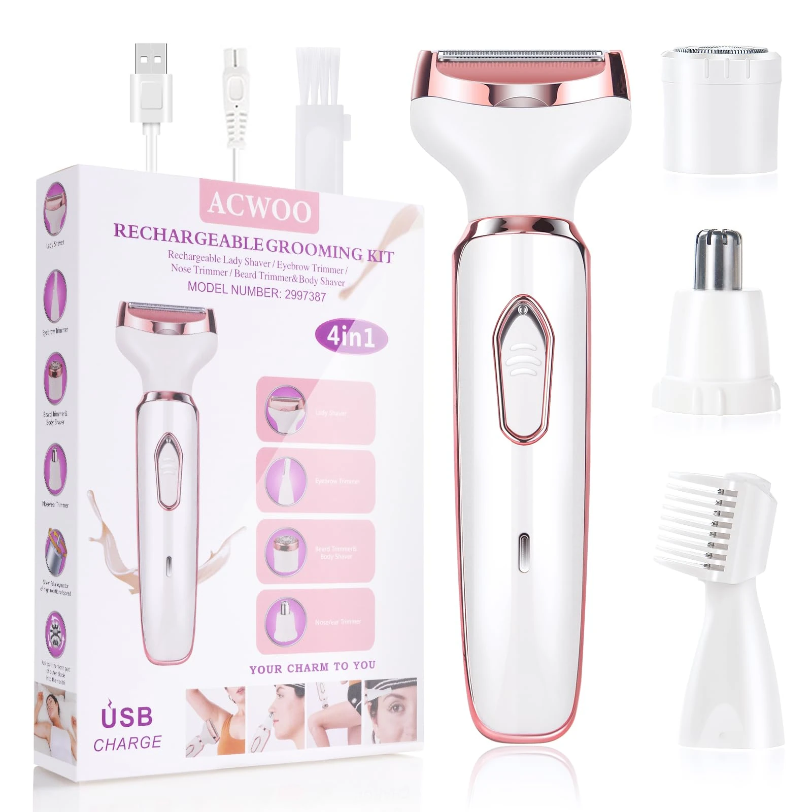 ACWOO Electric Lady Shaver for Women, Bikini Trimmer Women 4-in-1 Wet and Dry, Rechargeable Nose Hair Trimmer, Advanced Pain-Free Electric Razor for Face Legs Underarm Nose and Eyebrow