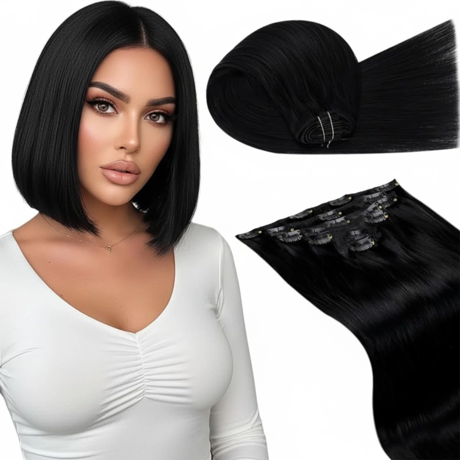 LaaVoo Black Hair Extensions Clip in Clip in Hair Extensions Real Human Hair Natural Black Remy Straight Hair Full Head Double Weft 80g 5pcs 12 Inch #1