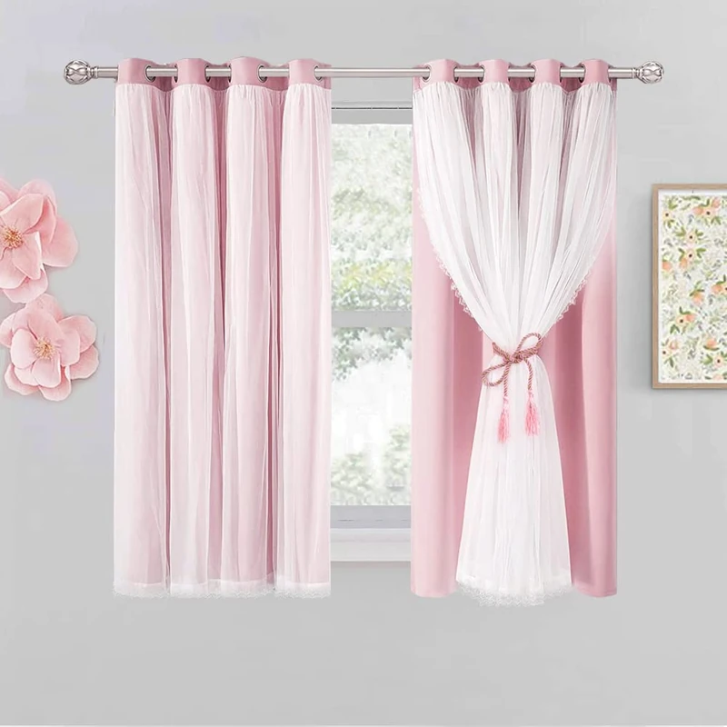 SOFJAGETQ Short Pink Room Darking Curtains with Sheer Overlay 54 Inch Length- Grommet Privacy Pink Drapes, Cute Window Treatments for Kids/Girls Bedroom Nursery LivingRoom, 52 x 54 in, 2 PCs
