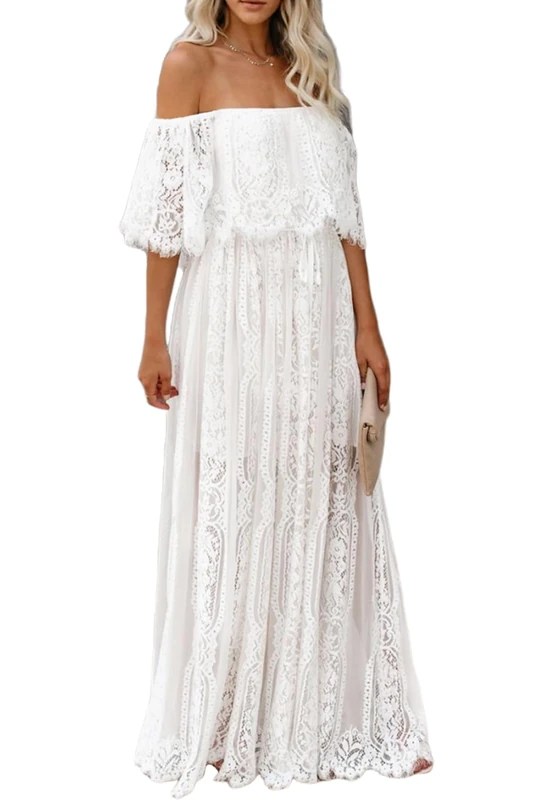HOYISHION Womens Off Shoulder Maxi Floral Lace Dress White Wedding Party Dresses, White, X-Large