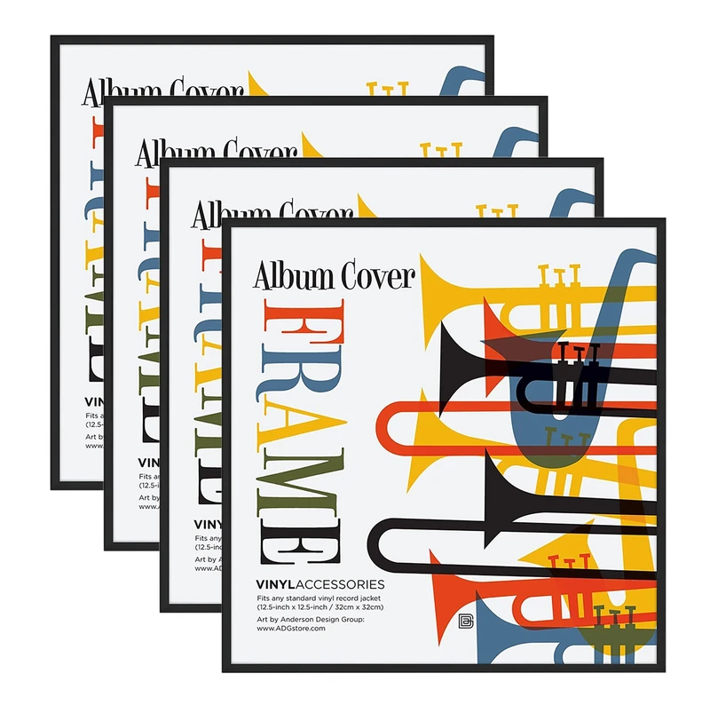Americanflat 32x32 cm Vinyl Frame with Polished Plexi Cover - Set of 4 - Aluminium Vinyl Record Frame for Wall Display - Album Cover Display with Hanging Hardware - Black